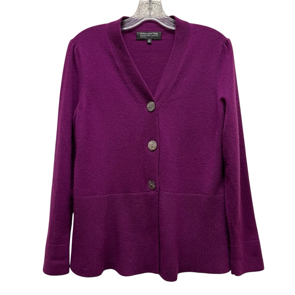 Jones New York 3-Button Cardigan Cashmere Sweater V-neck Petite Small Magenta